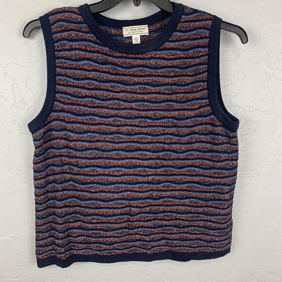 St John Sport Sweater Vest Womens Large Blue Orange Striped Knit Pullover Top - Picture 1 of 8